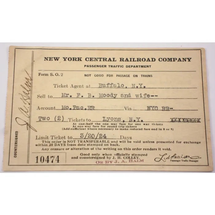 New York Central Railroad Company Ticket Order Slip - 1924 - Vintage Collectible