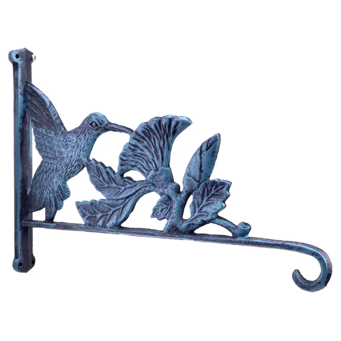 Hummingbird & Flowers Plant Hanger Hook - Verdigris Cast Iron - 12.5" Deep