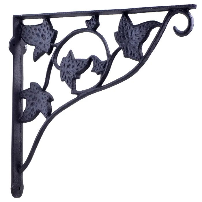Wall Shelf Bracket With Hook - Leaf Vine Pattern - Cast Iron - 11.75"