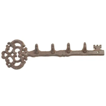 Cast Iron Wall Hook Rack - Antique Skeleton Key Style - 4 Hooks - 12.25" Long