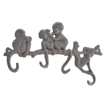 Cast Iron Wall Hook Rack - Monkeys On Branch - 4 Hooks - 10.25" Wide