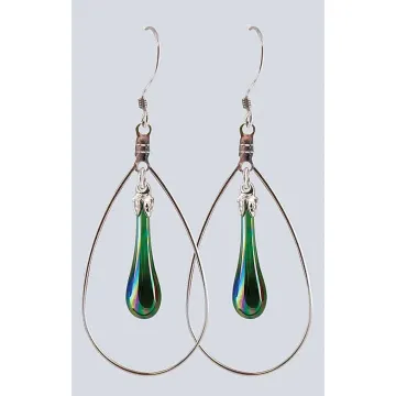 Fenton Art Glass - Hoop Style Teardrop Earrings - Emerald Iridized