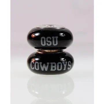 Fenton Black Glass Collegiate Bead - Oklahoma State - Sterling Silver Lined