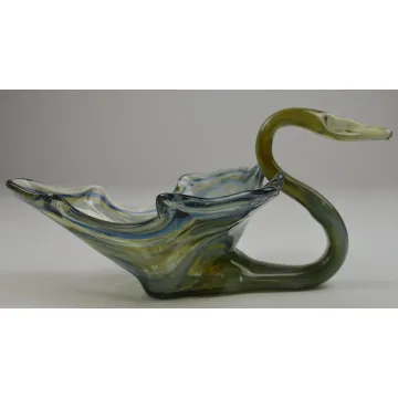 Vintage Art Glass Green, Blue & White Swan Shaped Planter