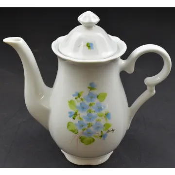 Vintage Blue Floral Pattern Teapot - Hand Painted By Lindy  - 8.5 Tall