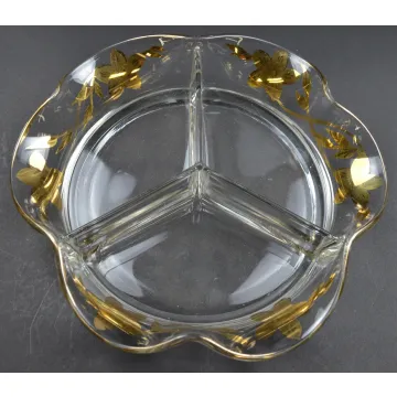 Vintage Three Part Divided Clear Glass Relish Dish - Gold Floral Pattern