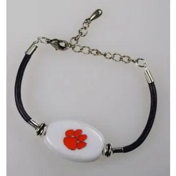 Fenton Collegiate Logo Leather Cord Bracelet- Clemson University Milk Glass Bead