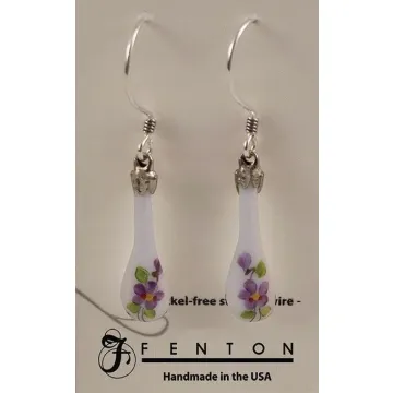 Fenton Art Glass - Teardrop Earrings - Violets In The Snow - Handcrafted