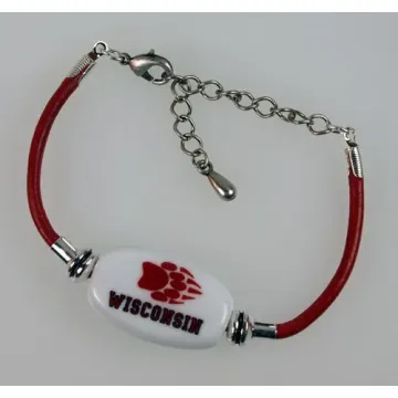 Fenton Collegiate Logo Leather Cord Bracelet- Wisconsin Milk Glass Bead