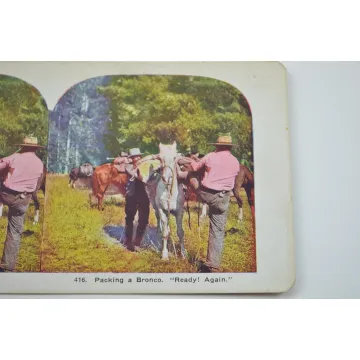 Antique Stereoview - No. 416 - Packing A Bronco. Ready! Again