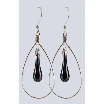 Fenton Art Glass - Hoop Style Teardrop Earrings - Black Iridized