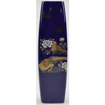 Decorative Square Vase - Cobalt Blue With Gold Accents - Pheasant Pattern