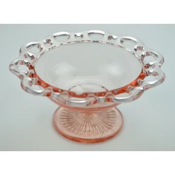 Anchor Hocking Glass - Lace Edge Pink Pattern - Round Compote - 3.5 Tall