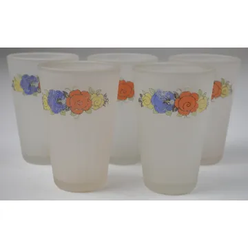 Small Frosted Floral Pattern Glasses - Set Of Five - 3 Tall