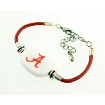 Fenton Collegiate Logo Leather Cord Bracelet- Alabama Roll Tide Milk Glass Bead