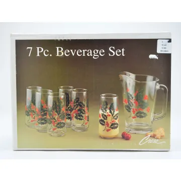 Vintage Crisa Seven Piece Christmas Beverage Set - Holly Pattern - Six Glasses & Pitcher