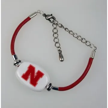 Fenton Collegiate Logo Leather Cord Bracelet- Nebraska Milk Glass Bead