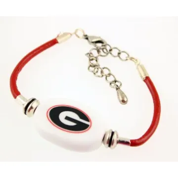 Fenton Collegiate Logo Leather Cord Bracelet- Georgia Bulldogs Milk Glass Bead
