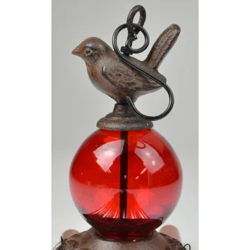 Cast Iron Bird Wind Chime With Ruby Red Globes - 31 Tall