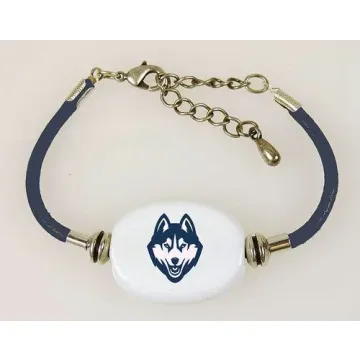 Fenton Collegiate Logo Leather Cord Bracelet- UConn Huskies Milk Glass Bead