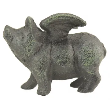 Decorative Metal Sculpture - Flying Pig With Wings - Verdigris Finish - 2.75 T