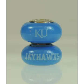 Fenton Blue Glass Collegiate Bead - Kansas Jayhawks - Sterling Silver Lined