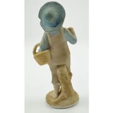 Barefoot Boy With Hat Carrying Basket Ceramic Figurine - 7 Tall