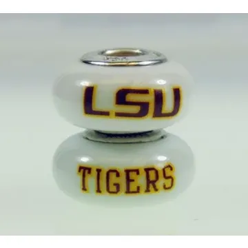 Fenton Milk Glass Collegiate Bead - Louisiana State LSU - Sterling Silver Lined