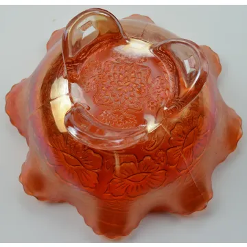 Fenton Art Glass 3 Toed Bowl - Two Flowers Marigold Carnival - 3.75 Tall