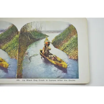 Antique Stereoview - No. 469 - Up Black Dog Creek In Canoes After The Ducks