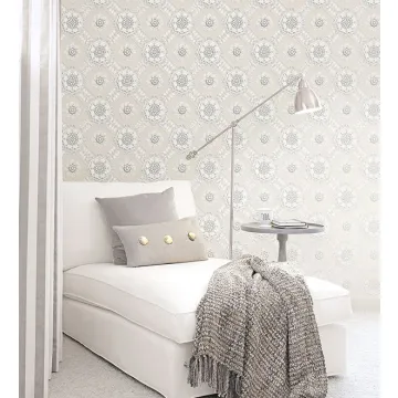 CS35629 Medallion Wallpaper Beige, Metallic Silver Classic Silks 2 Norwall Wallcovering