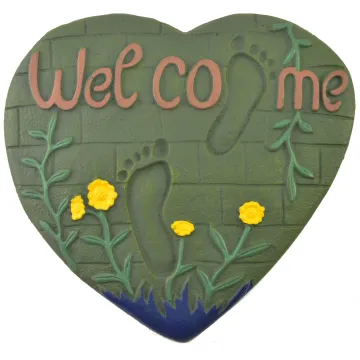 Heart & Foot Prints Welcome Plaque Stepping Stone - Green Cast Iron - 13.13" 
