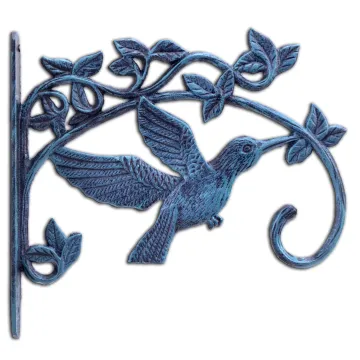 Cast Iron Plant Hanger Hook - Green Hummingbird With Pink Belly - 11.25" Deep
