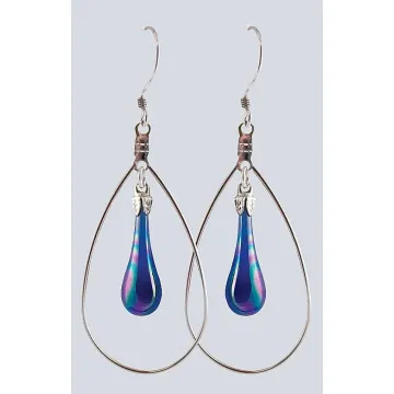 Fenton Art Glass - Hoop Style Teardrop Earrings - Cobalt Iridized