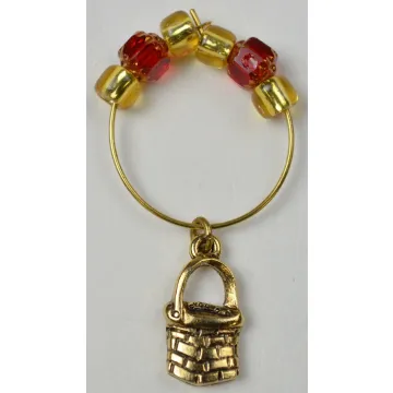 Gold Toned Single Handled Basket Charm With Gold & Red Beads