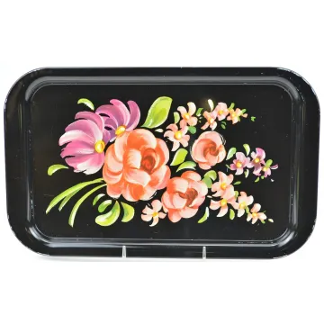 Antique Floral Pattern Black Metal Serving Trays - Set Of Four
