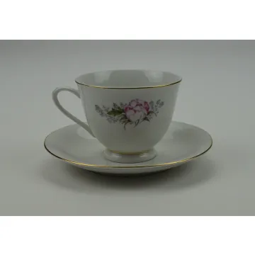 Floral Pattern Tea Cup & Saucer - Pink Flowers With Gold Trim