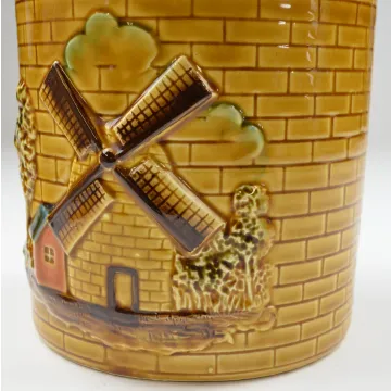 Yellow Ceramic Windmill Pattern Lidded Cookie Jar - 8.5 Tall
