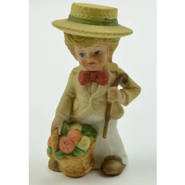 Little Boy Holding Fruit Basket And Cane Ceramic Figurine - 4.25 tall