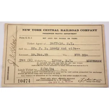 New York Central Railroad Company Ticket Order Slip - 1924 - Vintage Collectible