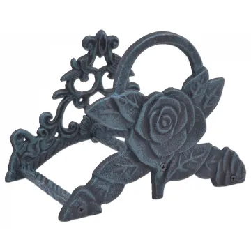 Garden Hose Holder - Rose Flower - Verdigris Cast Iron - 9.5" Wide