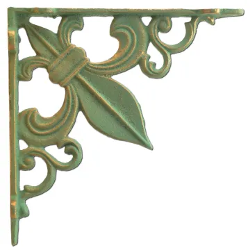 Wall Shelf Bracket Cast Iron Brace - Fleur De Lis - Bronze Patina Green - 7.375"
